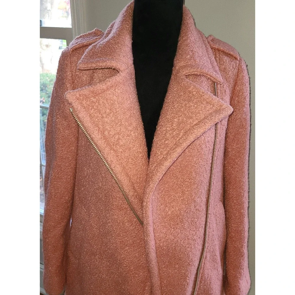 NWOT LOFT Marled Moto‎ Wooly Pea coat Size XS Pink Side zipper shoulder lapels